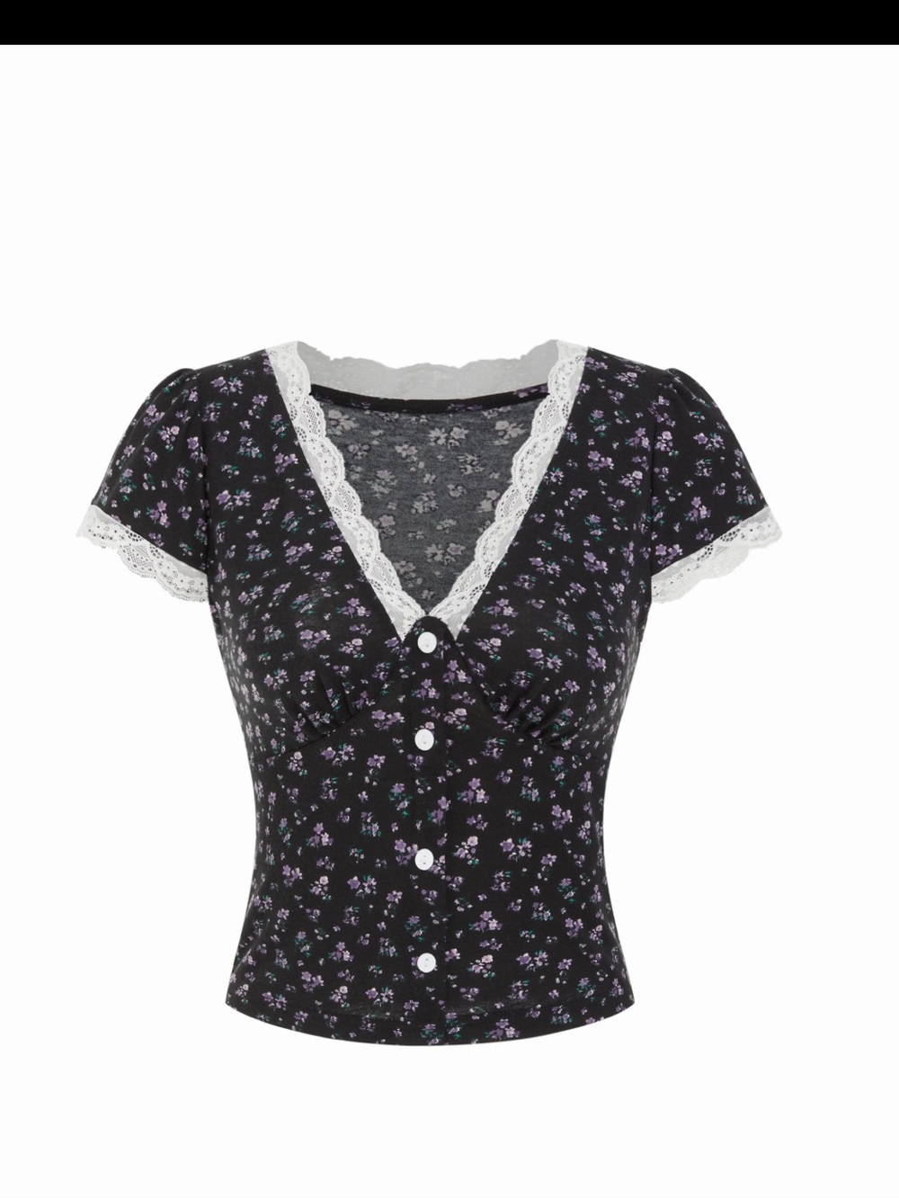 Cider Black Floral Lace-Trim Button Front Crop Top - Picture 2 of 4